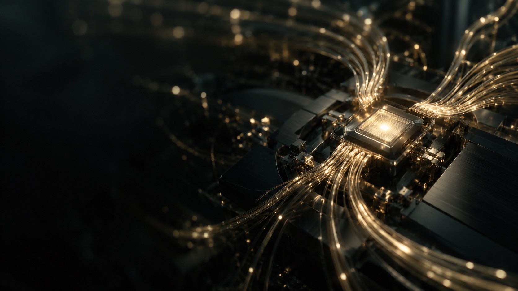 A luminous processor connected by champagne-gold optical pathways